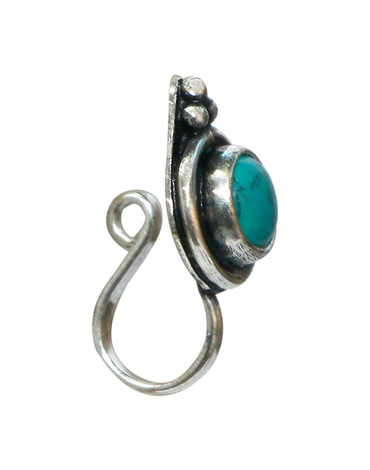 Turquoise Oxidized Clip On Press On Nose Pin in Silver Alloy