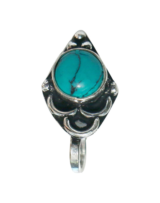 Turquoise Oxidized Clip On Press On Nose Pin in Silver Alloy