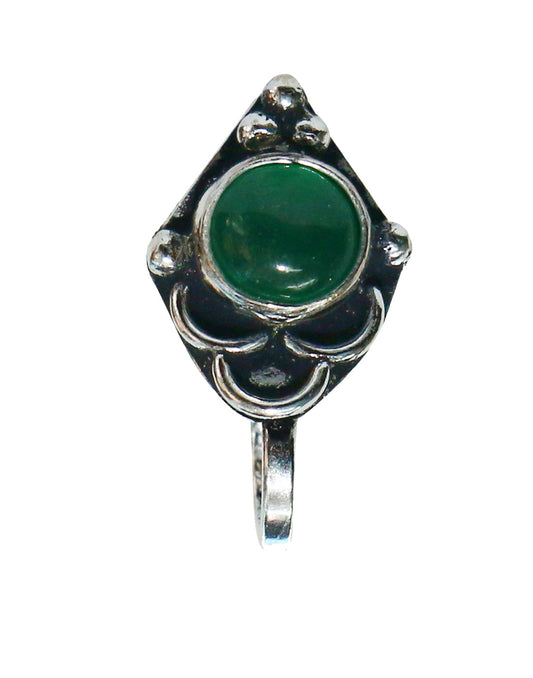 Green Onyx Oxidized Clip On Press On Nose Pin in Silver Alloy