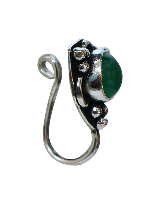 Green Onyx Oxidized Clip On Press On Nose Pin in Silver Alloy
