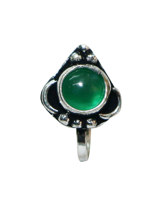 Green Onyx Oxidized Clip On Press On Nose Pin in Silver Alloy