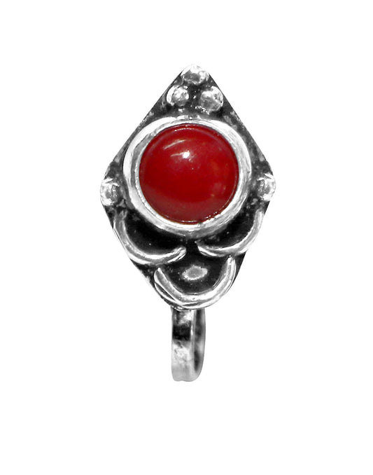Red Coral Oxidized Clip On Press On Nose Pin in Silver Alloy
