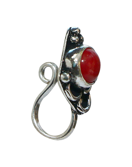 Red Coral Oxidized Clip On Press On Nose Pin in Silver Alloy