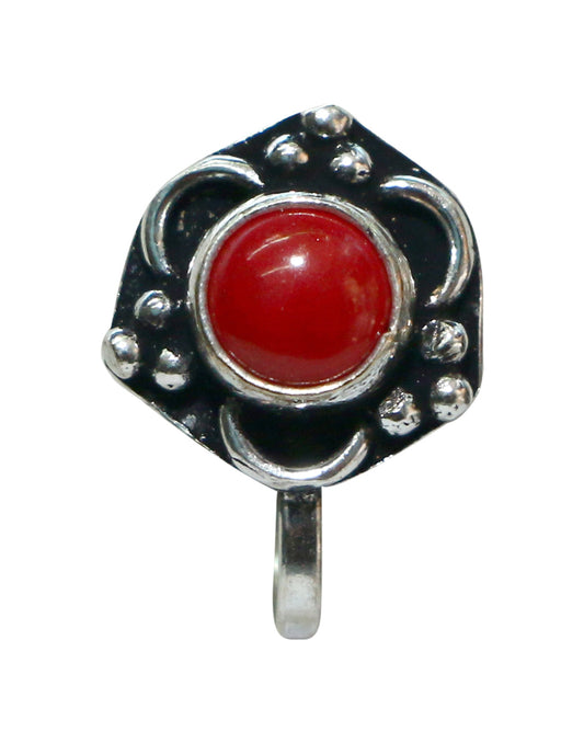 Red Coral Oxidized Clip On Press On Nose Pin in Silver Alloy
