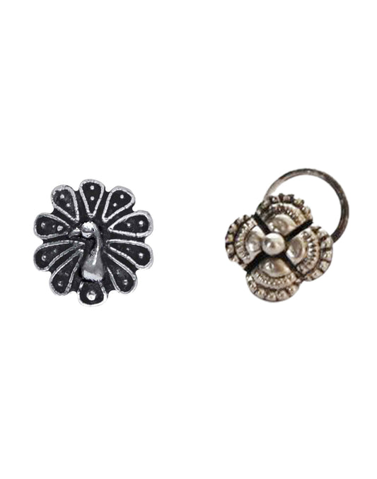 Combo of Designer and Tribal look Silver Alloy Petals and Peacock Nose Pin/Studs