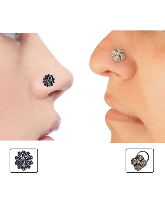 Combo of Designer and Tribal look Silver Alloy Petals and Peacock Nose Pin/Studs