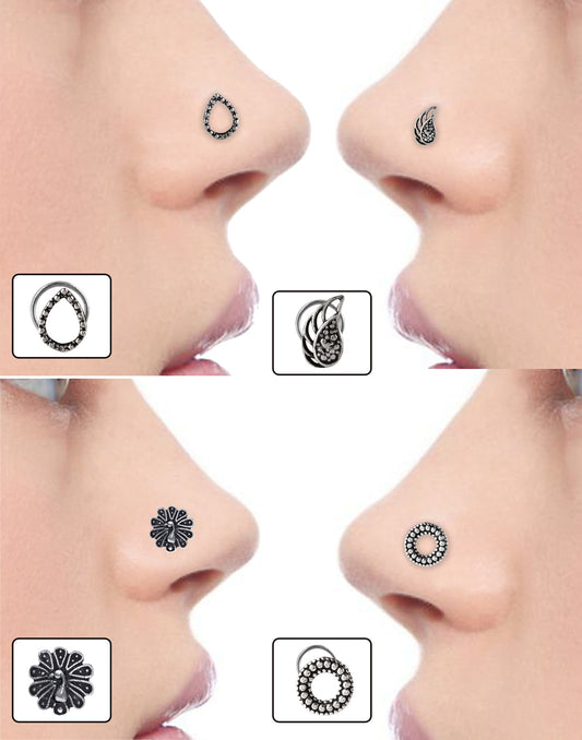 Combo Set of 4 Designer Oxidized Silver Alloy Nose Pin Studs