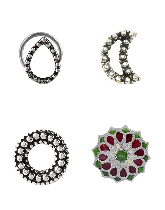 Combo of 4 Designer Oxidized Silver Alloy Nose Pin Studs