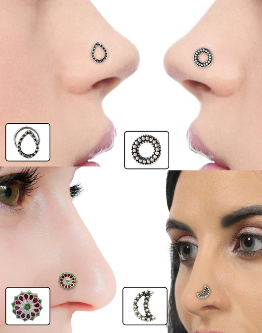 Combo of 4 Designer Oxidized Silver Alloy Nose Pin Studs