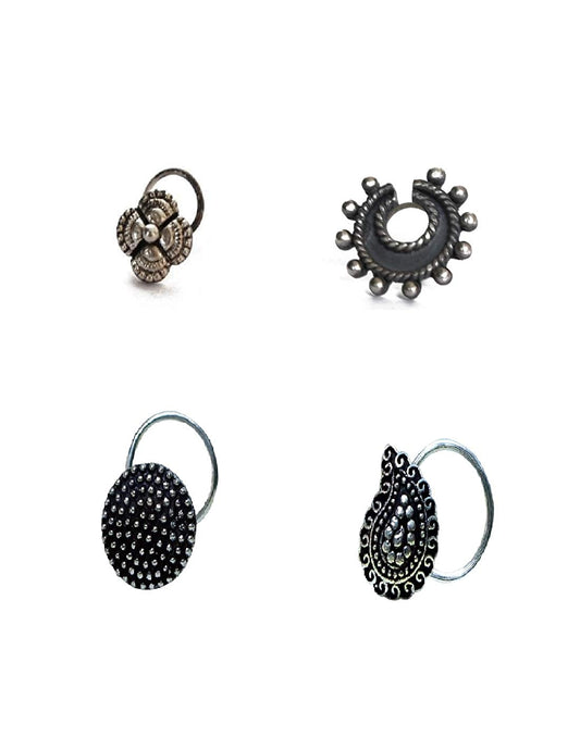 Combo Set of 4 Designer Antique Oxidized Silver Alloy Nose Pin