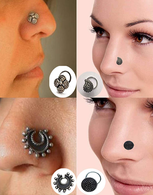 Combo Set of 4 Designer Antique Oxidized Silver Alloy Nose Pin