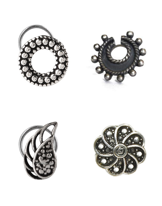 Combo Set of 4 Designer Oxidized Silver Alloy Nose Pin Studs