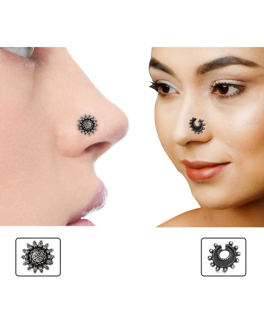 Combo of Designer and Tribal BIG look Silver Alloy Flower Nose Pin