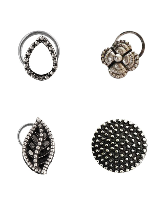 Combo Set of 4 Designer Oxidized Silver Alloy Nose Pin Studs