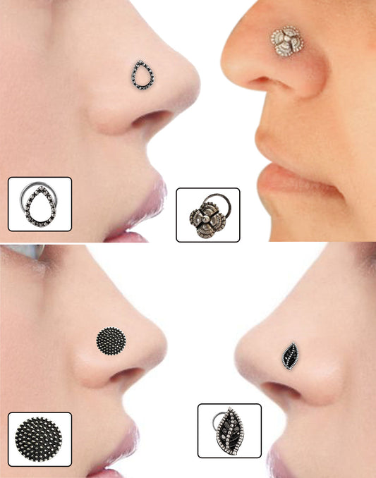 Combo Set of 4 Designer Oxidized Silver Alloy Nose Pin Studs