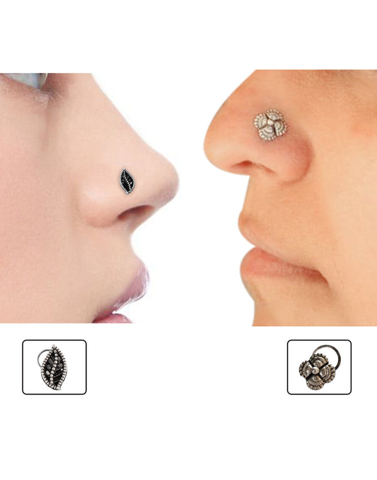 Combo of Designer and Tribal look Silver Alloy Petals and Leaf Nose Pin/Studs