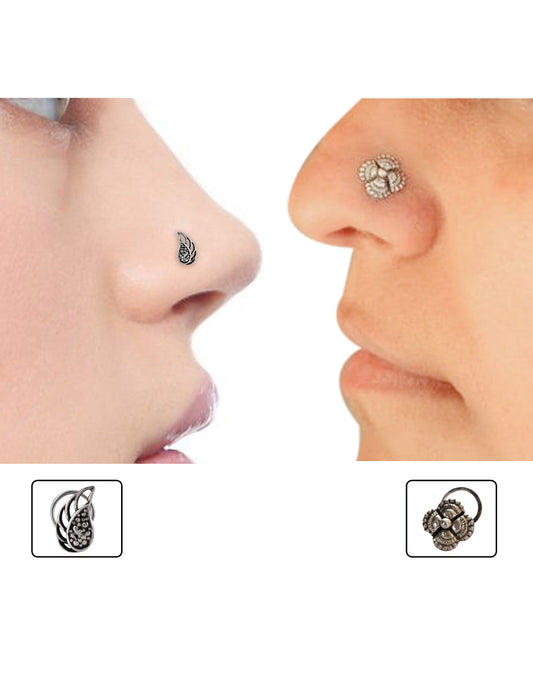 Combo of Designer and Tribal look Silver Alloy Petals and Leaf Nose Pin/Studs
