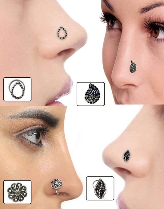 Combo Set of 4 Designer Oxidized Silver Alloy Nose Pin Studs