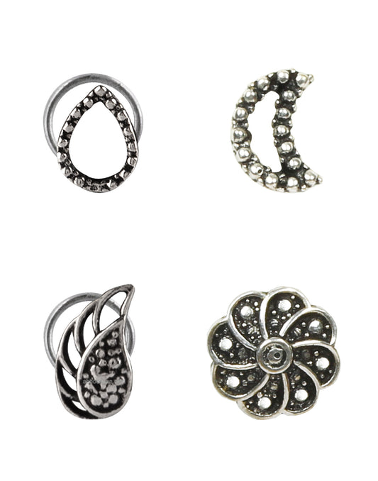 Combo Set of 4 Designer Oxidized Silver Alloy Nose Pin Studs