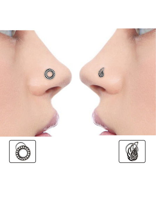 Combo of Designer and Good looking Silver Alloy Leaf and Hollow Round Shape Nose Pin/Studs