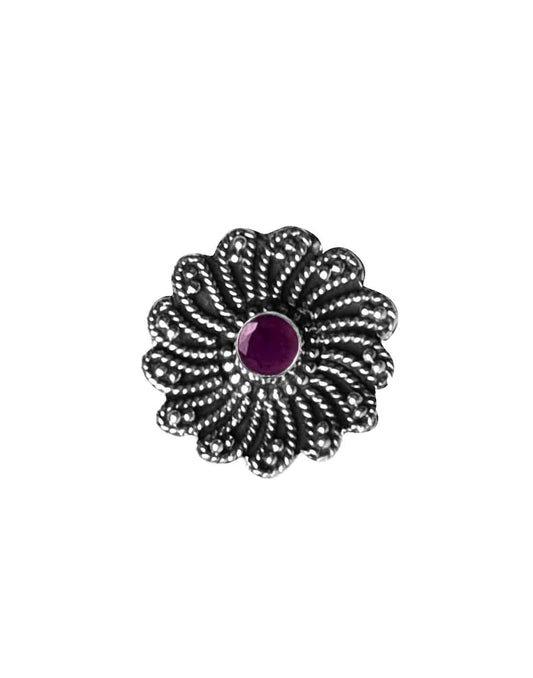 Flower Oxidized 92.5 Sterling Silver Nose Pin with Ruby