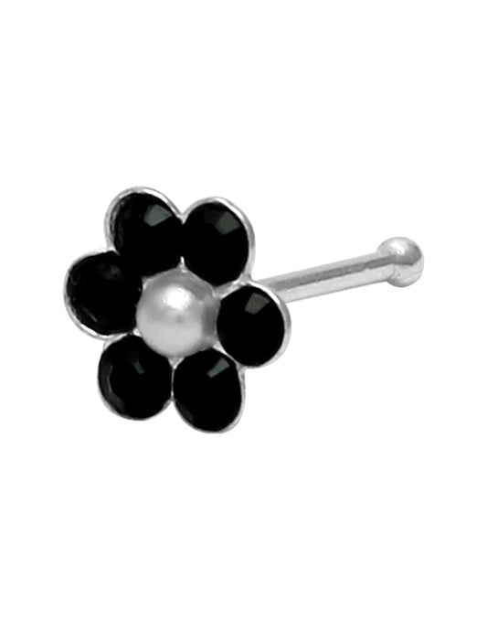 92.5 Sterling Silver Trendy Designer Flower Nose Pin with Black CZ Stones
