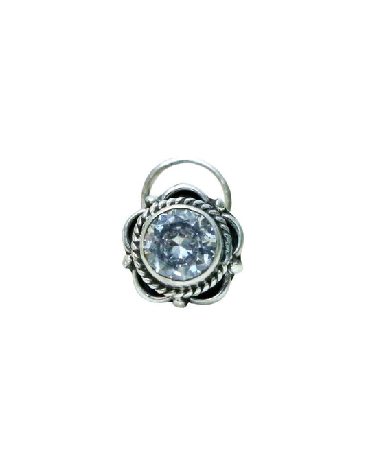 Trendy Precious Stone Cubic Zircon CZ  Nose Pin/Stud with wire in Oxidized 92.5 Sterling Silver
