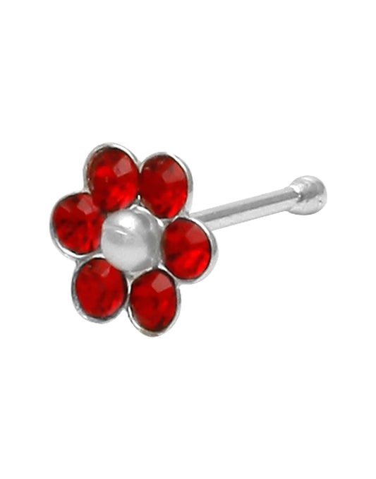 92.5 Sterling Silver Trendy Designer Flower Nose Pin with Red CZ Stones