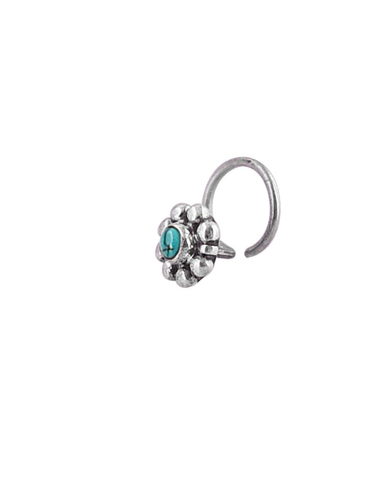 Pure Oxidized 92.5 Sterling Silver Precious Stone Blue Turquoise Small Stylish Nose Pin