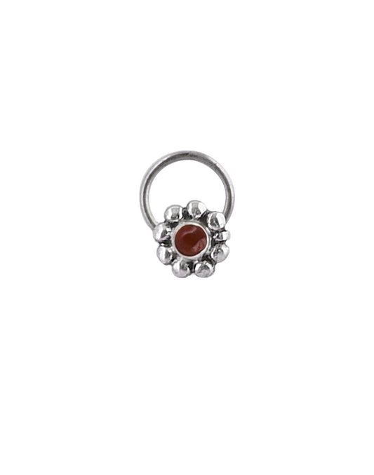 Pure Oxidized 92.5 Sterling Silver Precious Stone Red Garnet Small Stylish Nose Pin