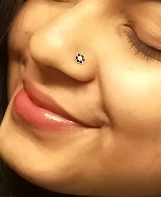 Flower shape Nose Pin with wire in 92.5 Silver with Black CZ Stones