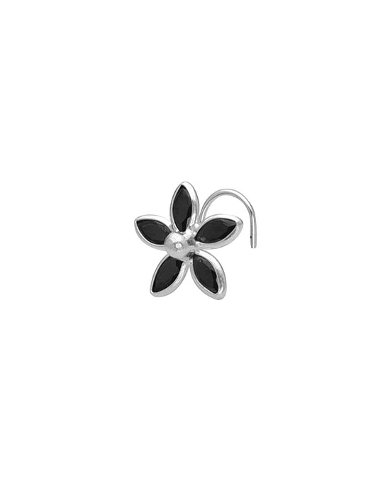 Big Flower shape Nose Pin with wire in 92.5 Silver with Black Cz Stones