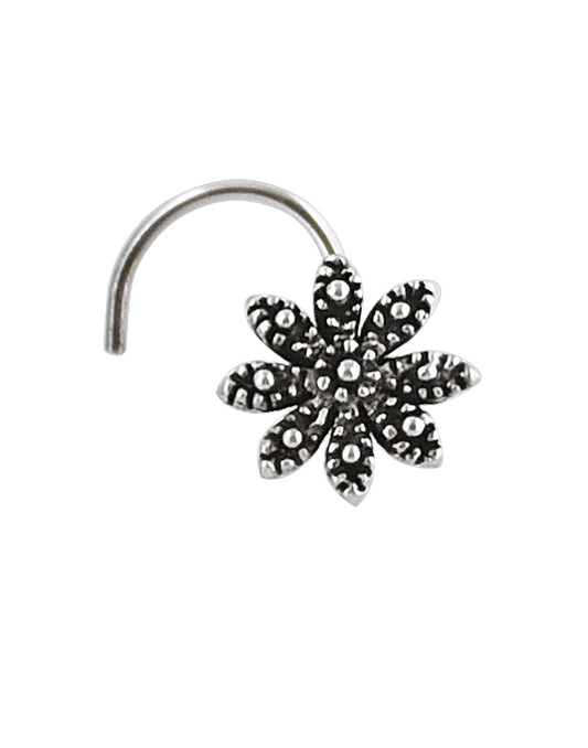 Designer Flower Shape Nose Pin with wire in 92.5 Oxidized Silver