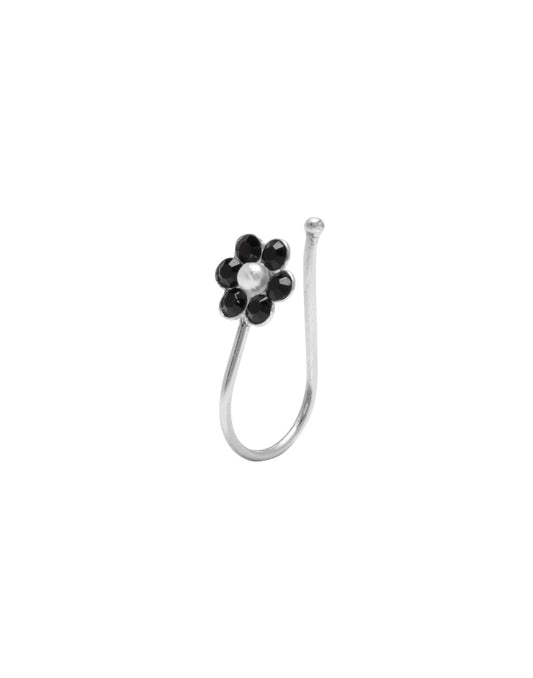 92.5 Sterling Silver Flower Clip on Nose Pin with Black Cubic Zirconia Stones