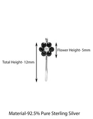 92.5 Sterling Silver Flower Clip on Nose Pin with Black Cubic Zirconia Stones