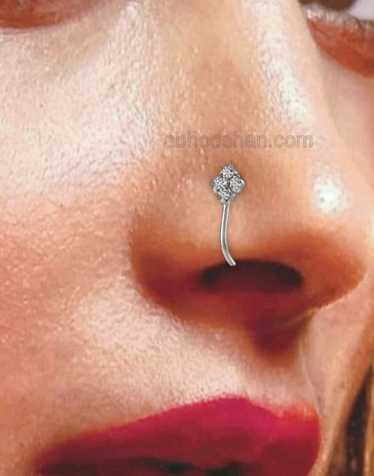 Light Weighted Clip on Nose Pin in 92.5 Silver and White Cubic Zirconia Stones