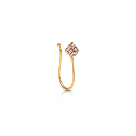 Gold Plated Light Weighted Clip on Nose Pin in 92.5 Silver and White Cubic Zirconia Stone