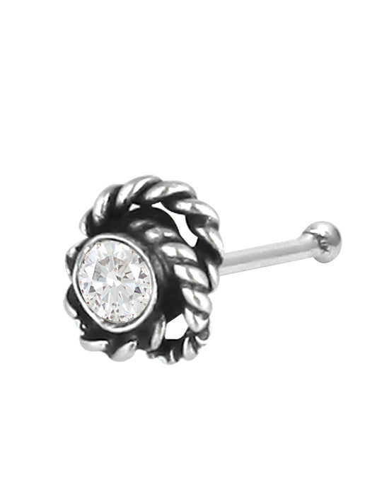 Knot Shape Nose Stud in 92.5 Oxidized Silver and White Cz Stone