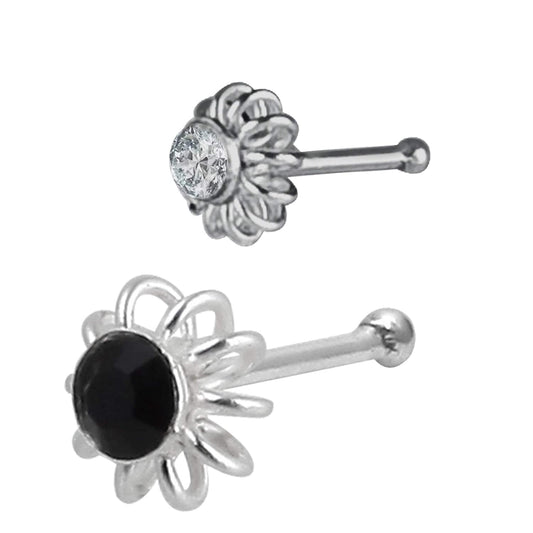 Combo of 92.5 Sterling Silver Flower Shape with White and Black Cz Nose Stud