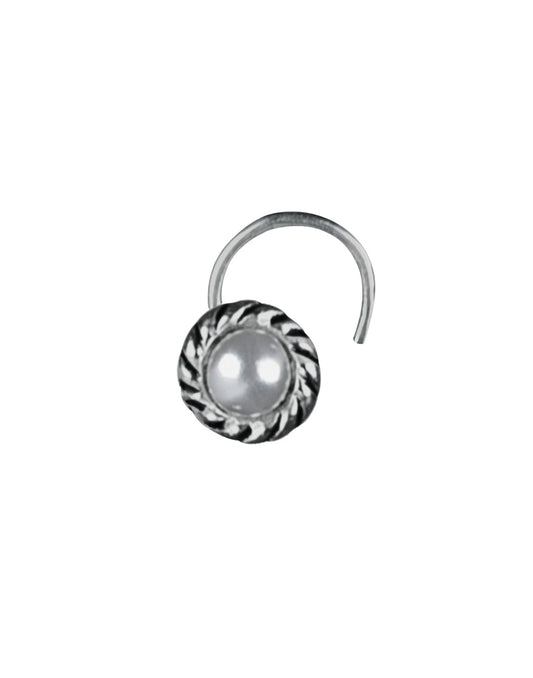 Designer Nose Pin in 92.5 Sterling Oxidized Silver and Pearl