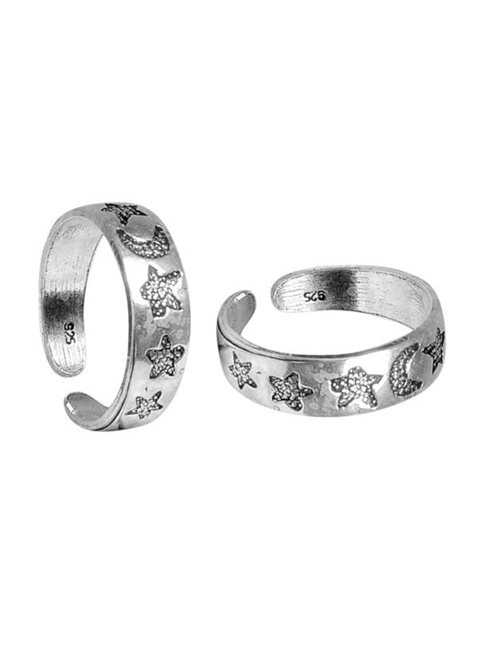 Pair of Oxidized Toe Rings with Stars and Moon Engraved in 925 Sterling Silver