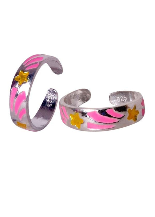Colorful Pair of Star Engraved Enamel Toe Rings in 925 Silver