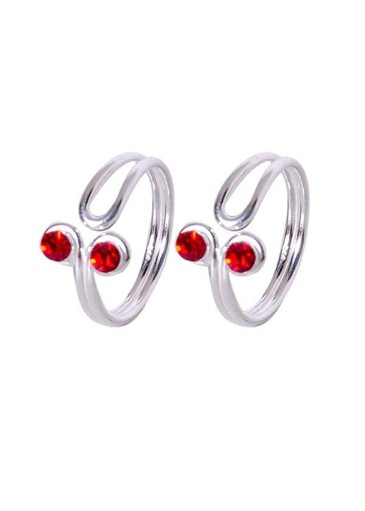 Pair of front open 925 Silver Toe rings in Red Cubic Zirconia