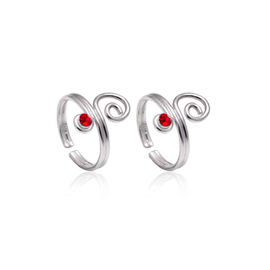 Pair of chic 925 Silver Toe rings in Red Cubic Zirconia