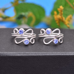 Pair of gorgeous 925 Silver Toe rings in Blue Cubic Zirconia