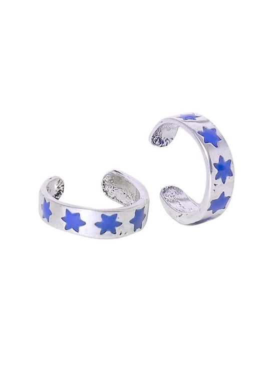 Colorful pair of Star Blue Enamel Toe Rings  in 925 Sterling Silver