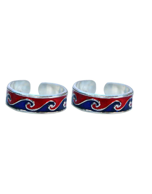 Colorful pair of Red and Blue Enamel Toe Rings in 925 Silver
