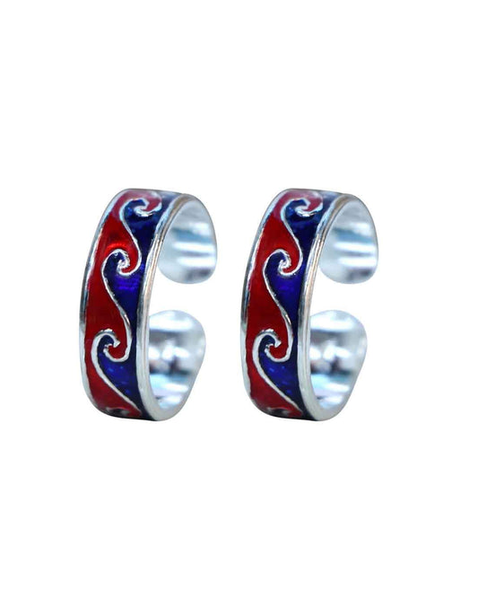 Colorful pair of Red and Blue Enamel Toe Rings in 925 Silver