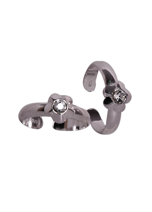 White Cubic Zirconia and 925 Silver Toe Rings in flower shape