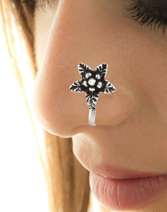 Designer and Tribal look Big Flower Silver Alloy Nose Pin